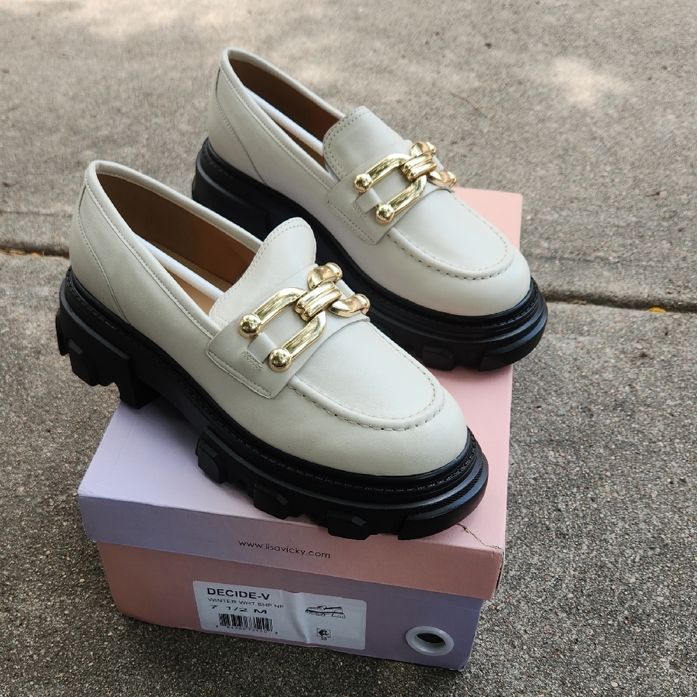 Cream and Gold Chunky Loafers with Modern Platform